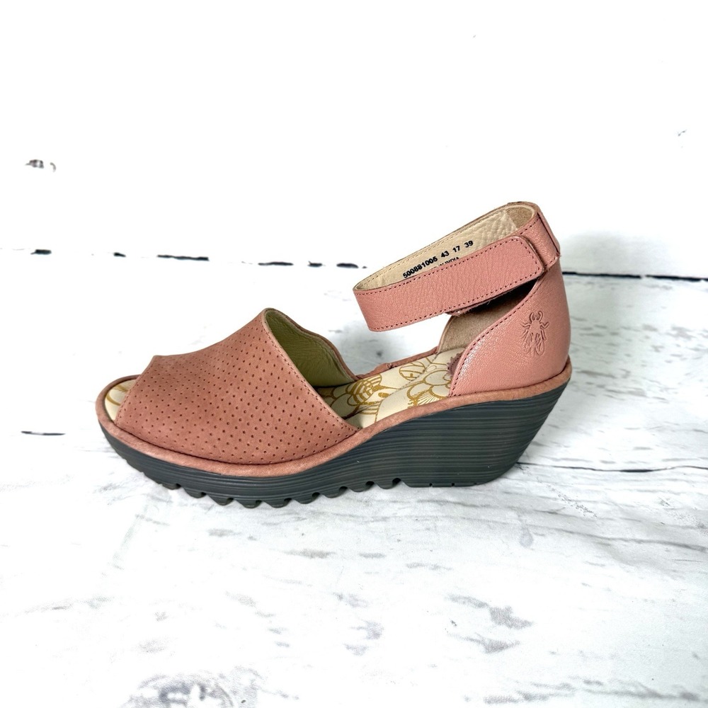 Fly London Yake Shoes Women's 39 US 8-8.5 Pink Platform Wedge Sandals Perforated